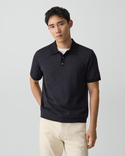 Short-Sleeve Polo Shirt Silk Linen Black - Theory Men