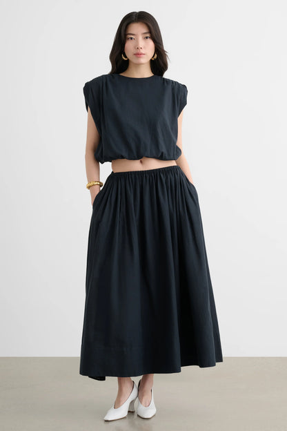 Imogen Pull-On Midi Skirt Washed Jet - Toccin