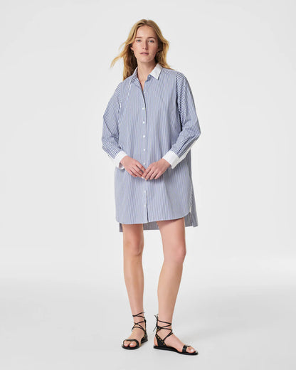 The Best Poplin Striped Shirt Dress White Postal - SPANX