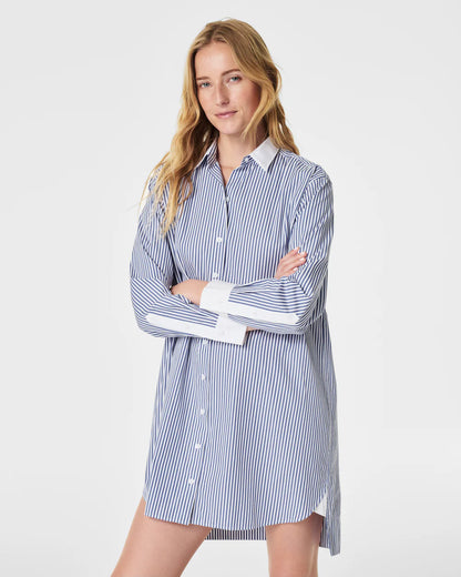 The Best Poplin Striped Shirt Dress White Postal - SPANX