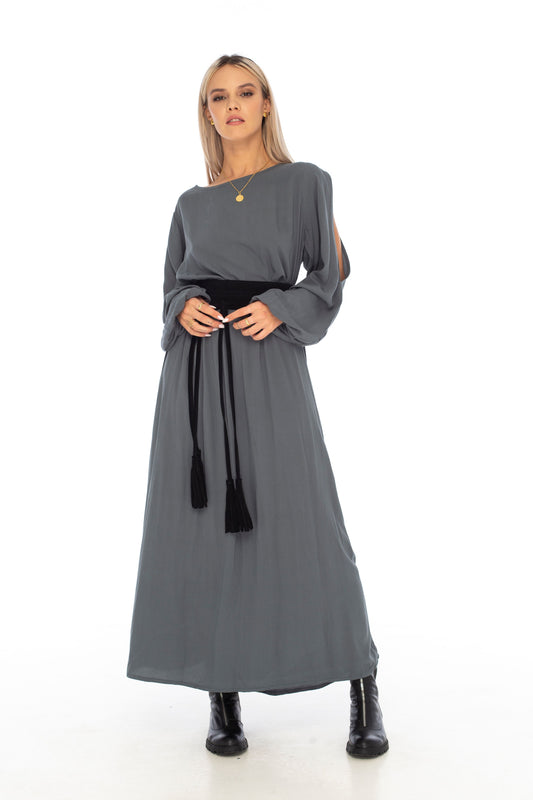 Basics Cold Shoulder Long Dress Grey - Skemo