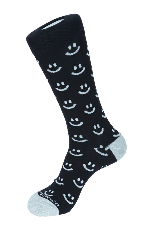 Smiley Face Crew Socks Black Grey - Unsimply Stitched