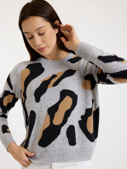 Abstract Leopard Cashmere Crew Neck Jumper Super Grey - Brodie Cashmere