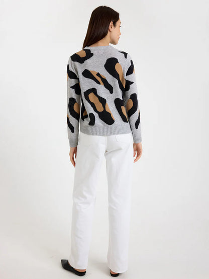 Abstract Leopard Cashmere Crew Neck Jumper Super Grey - Brodie Cashmere