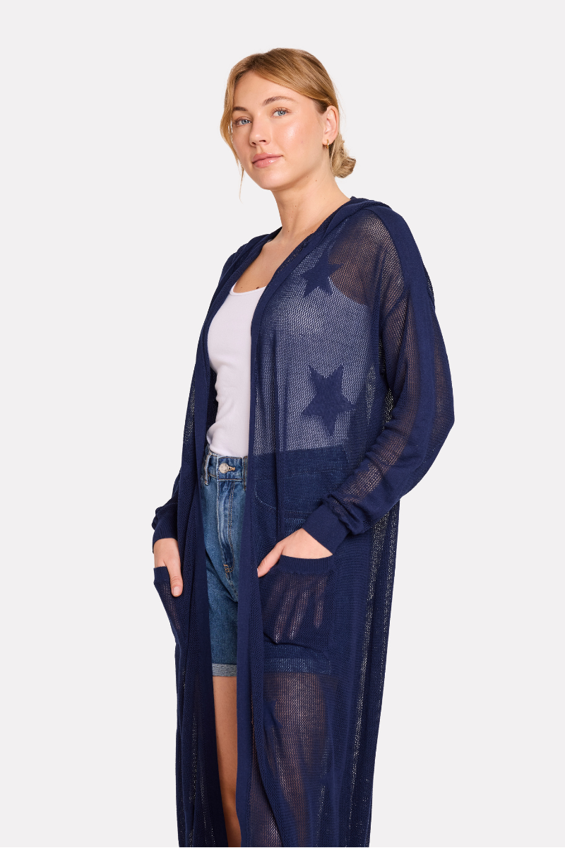 Pointelle Star Hooded Cardigan Navy - Brodie Cashmere