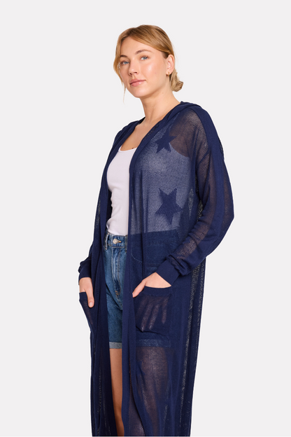 Pointelle Star Hooded Cardigan Navy - Brodie Cashmere