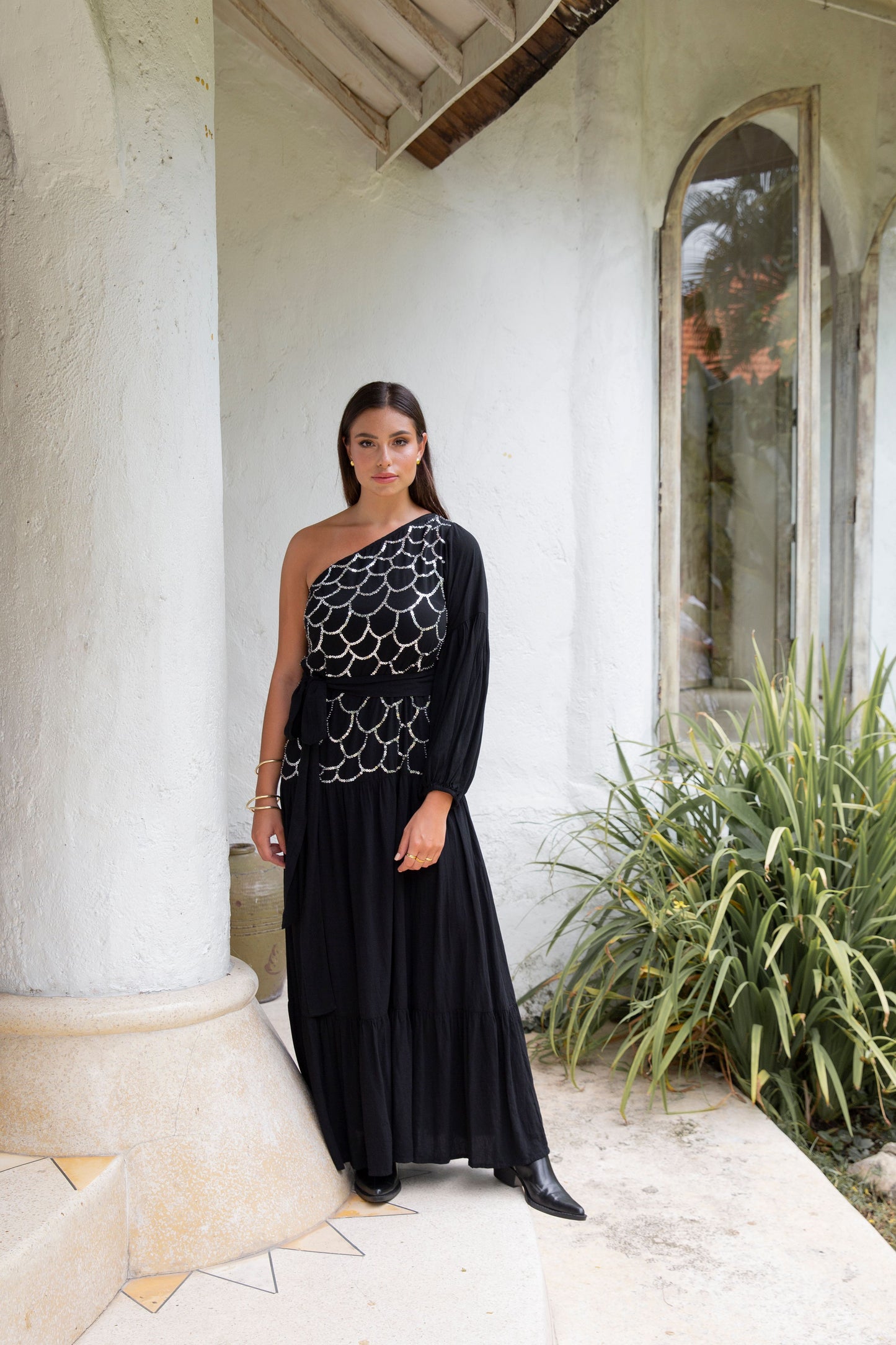 Evening One Shoulder Long Dress Black - Skemo