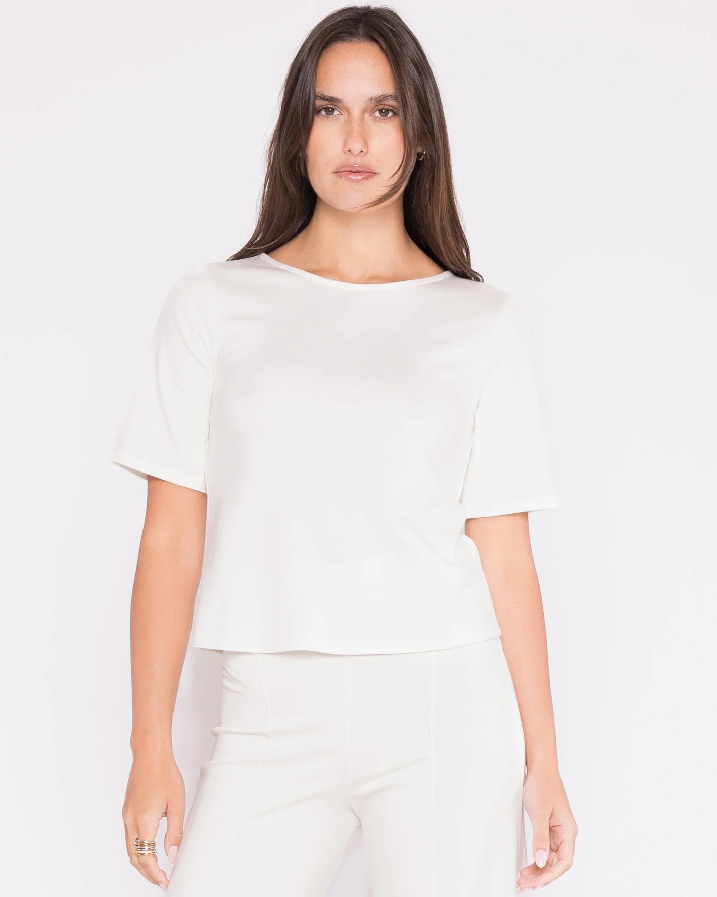 Ponte Knit Short Sleeve Top Extended Off-White - Ripley Rader