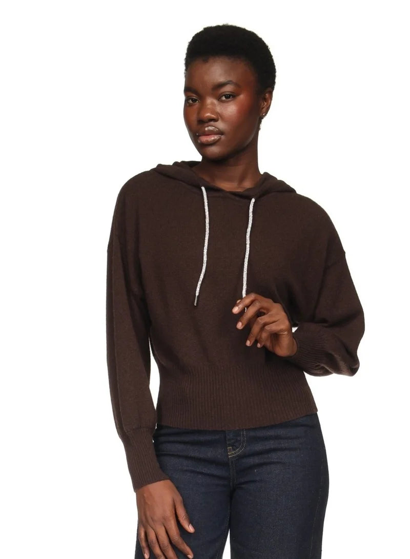 Hilary Rhinestone Drawstring Cashmere Hoodie Dark Brown - Brodie Cashmere