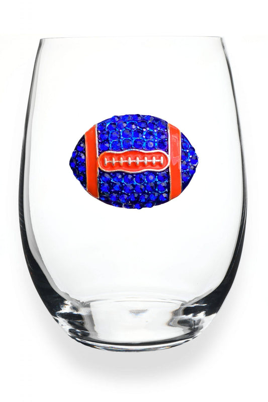 Blue/Orange Football Jeweled Stemless Wine Glass - The Queens Jewels