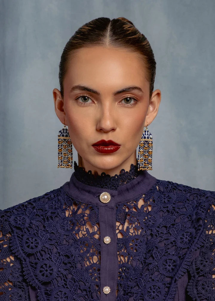 Beaded Handwoven Brocade Garden Earrings Blue/Mustard - Mayana Designs