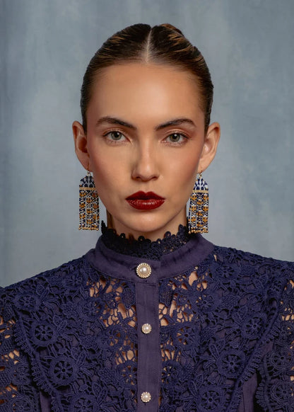 Beaded Handwoven Brocade Garden Earrings Blue/Mustard - Mayana Designs