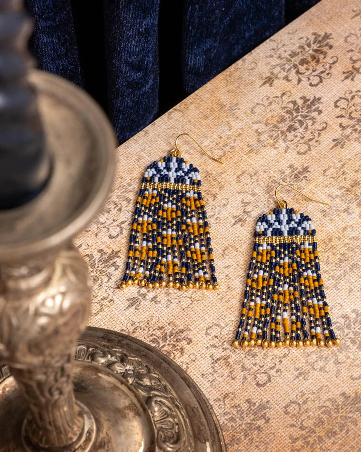 Beaded Handwoven Brocade Garden Earrings Blue/Mustard - Mayana Designs