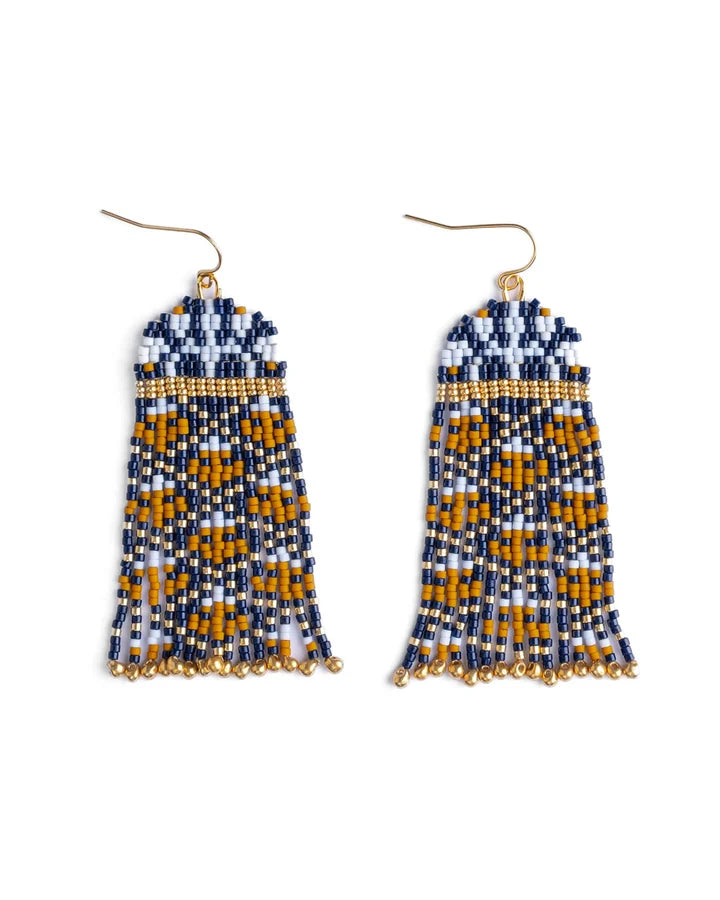 Beaded Handwoven Brocade Garden Earrings Blue/Mustard - Mayana Designs