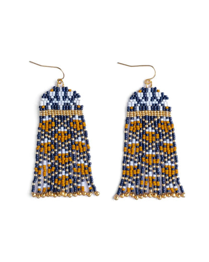 Beaded Handwoven Brocade Garden Earrings Blue/Mustard - Mayana Designs