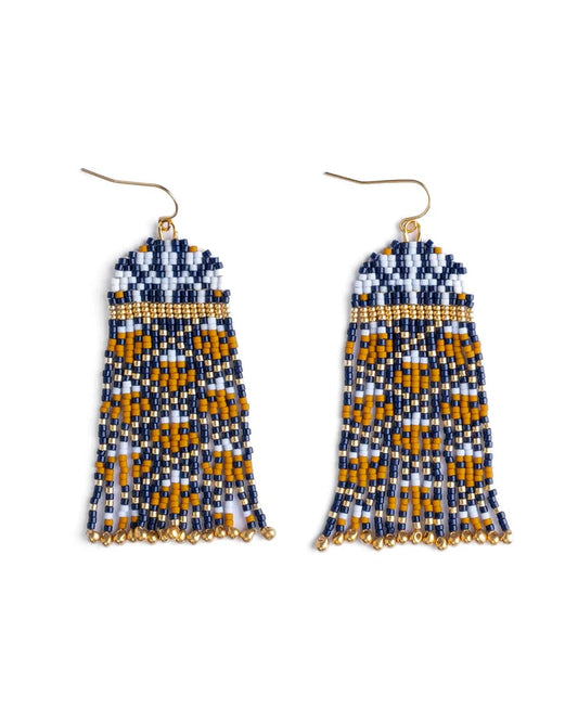 Beaded Handwoven Brocade Garden Earrings Blue/Mustard - Mayana Designs