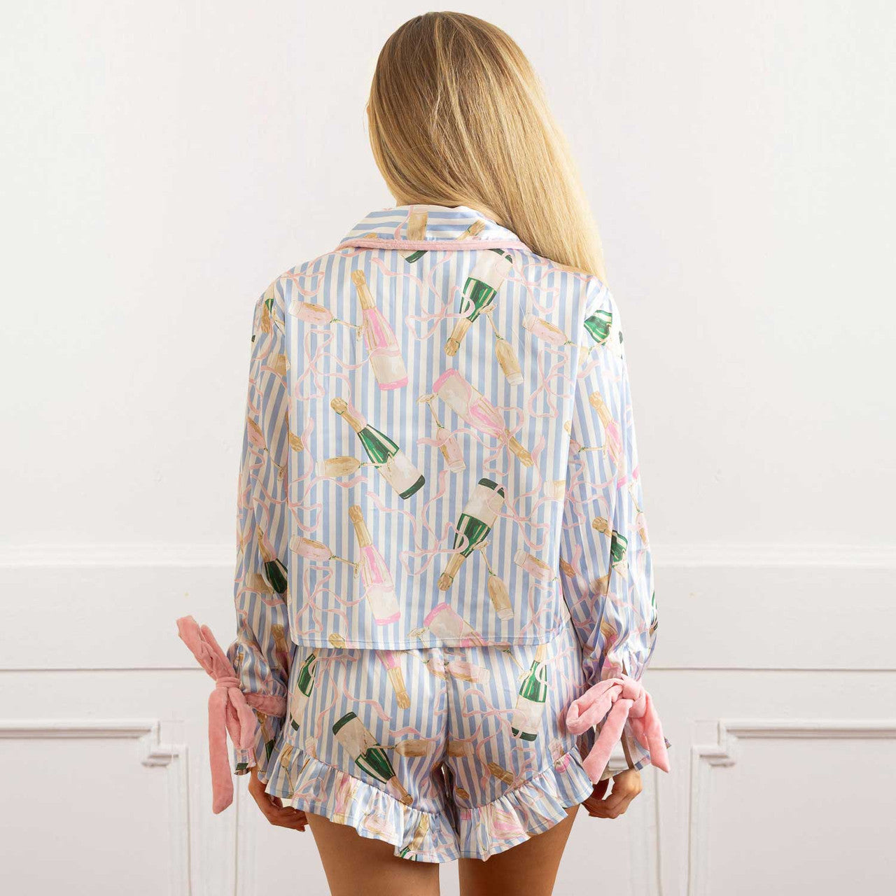 Champagne Stripe Satin Ruffle Short PJ Set - 8 Oak Lane