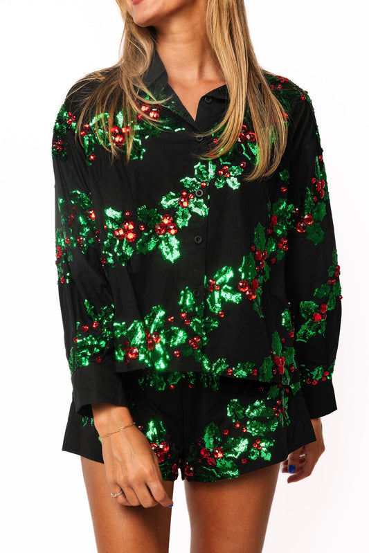 Holly Button Up Top Black/Green/Red - Queen Of Sparkles