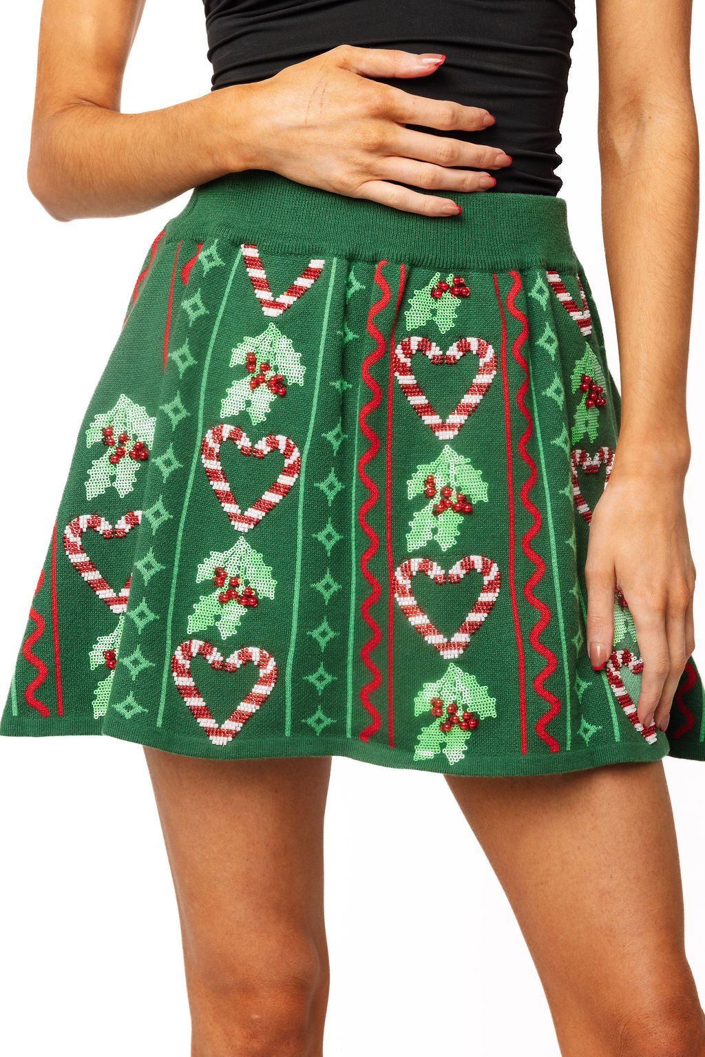 3D Holly & Peppermint Knit Skirt Green - Queen Of Sparkles