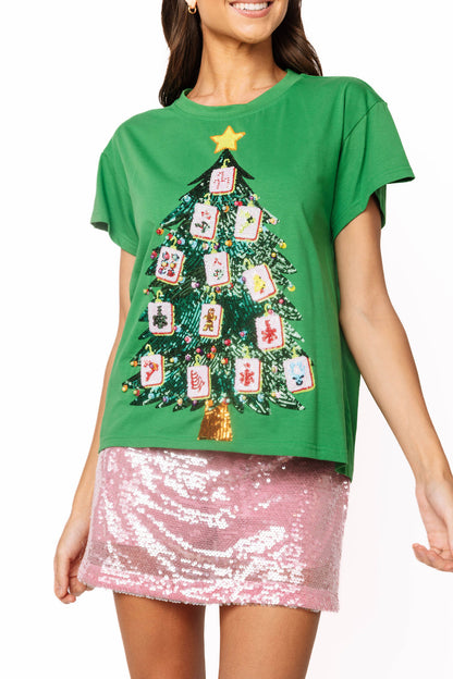 Mahjong Tile Christmas Tree Tee Green - Queen Of Sparkles