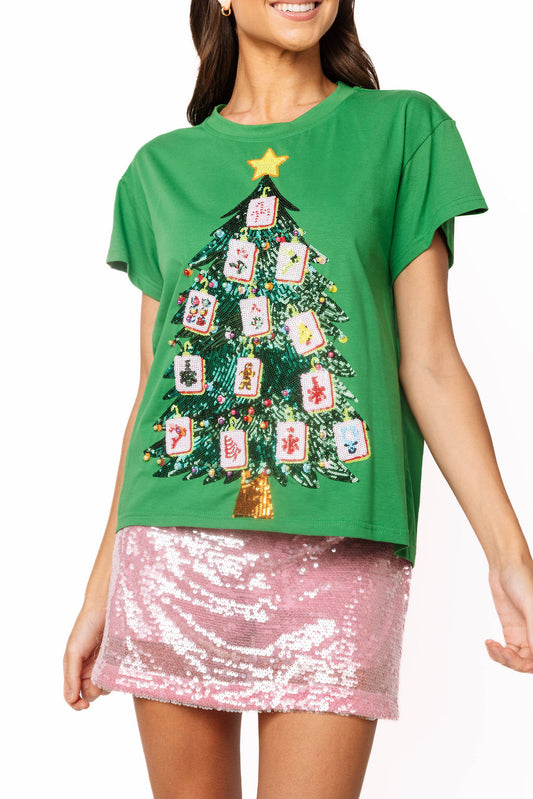 Mahjong Tile Christmas Tree Tee Green - Queen Of Sparkles
