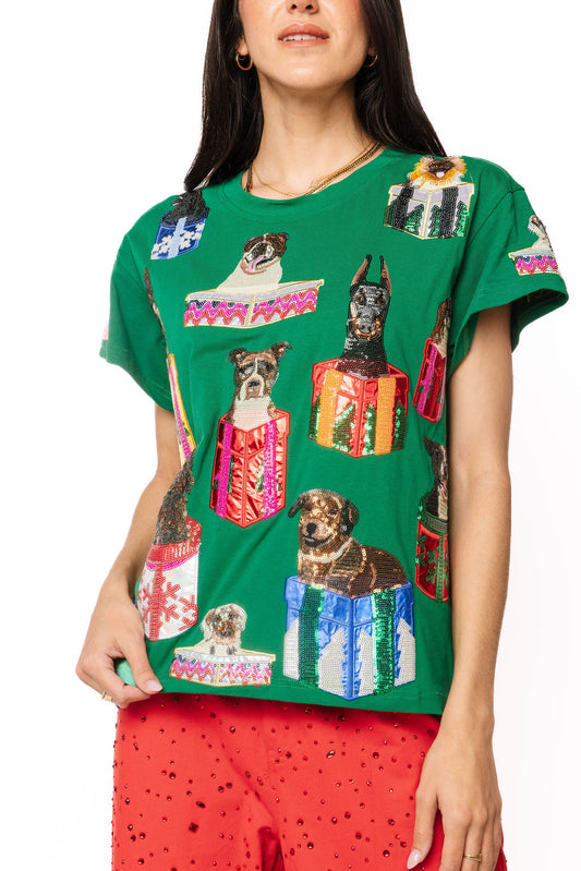 Dogs In Presents Tee Dark Green - Queen Of Sparkles