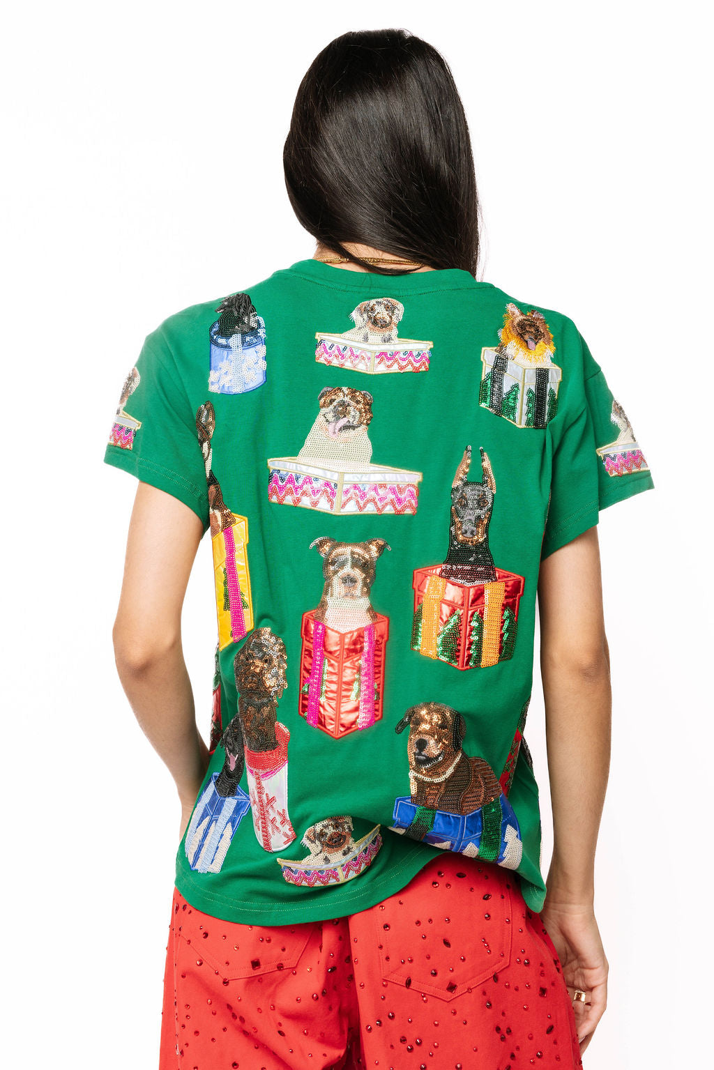 Dogs In Presents Tee Dark Green - Queen Of Sparkles