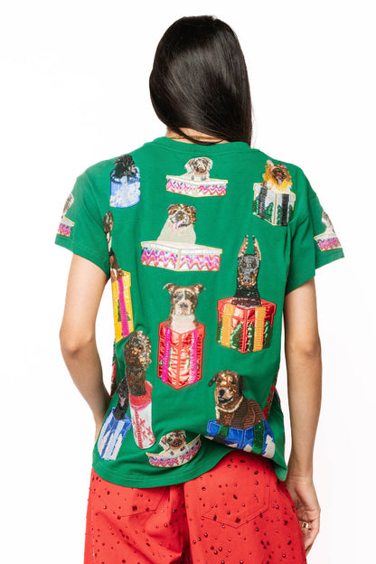 Dogs In Presents Tee Dark Green - Queen Of Sparkles