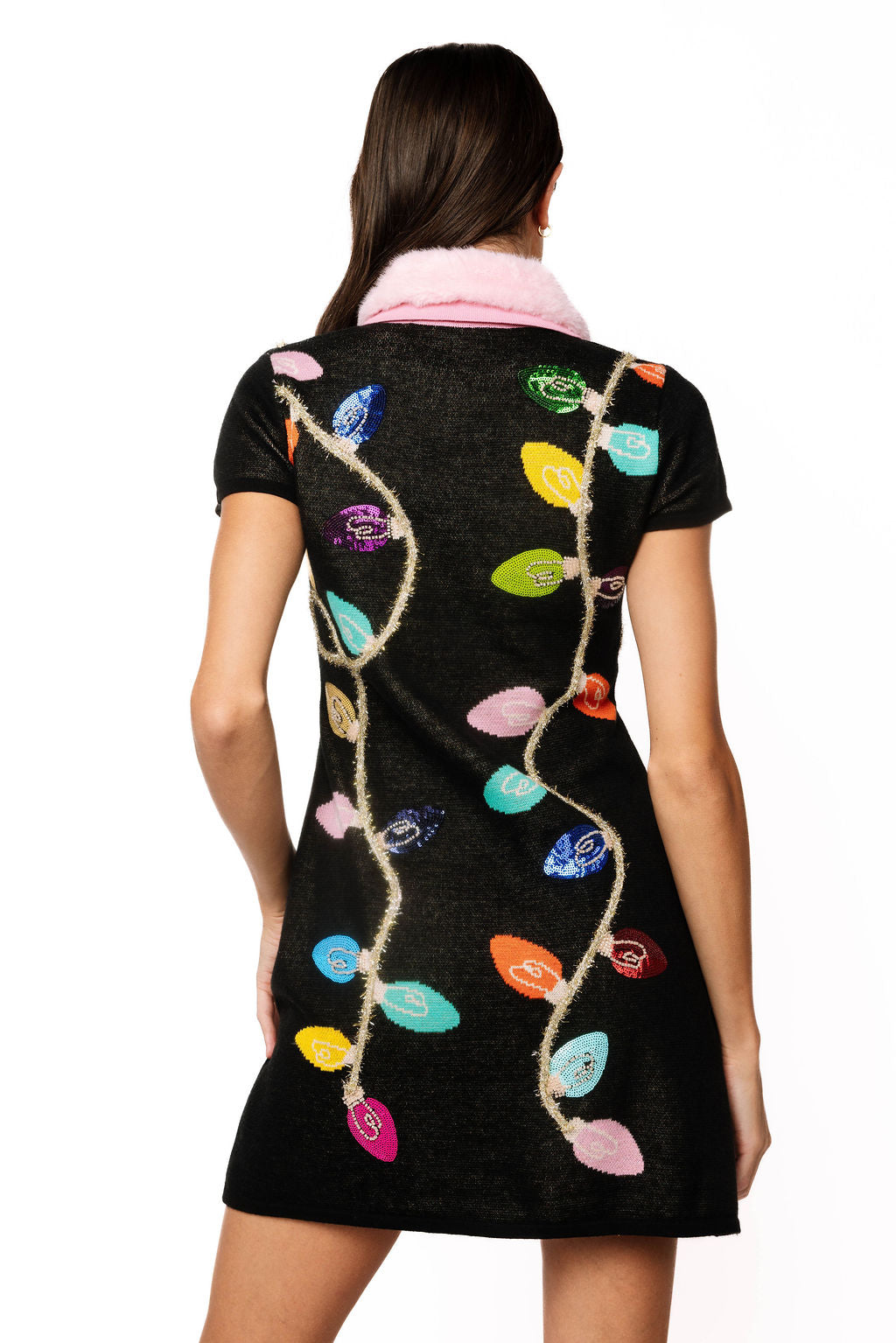 Christmas Light Fur Collar Knit Dress Black Multi - Queen Of Sparkles