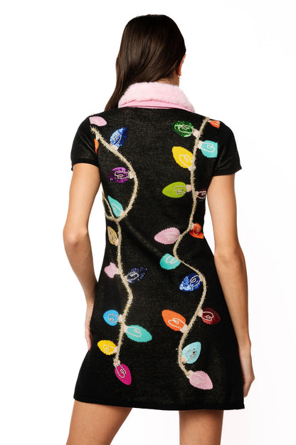 Christmas Light Fur Collar Knit Dress Black Multi - Queen Of Sparkles