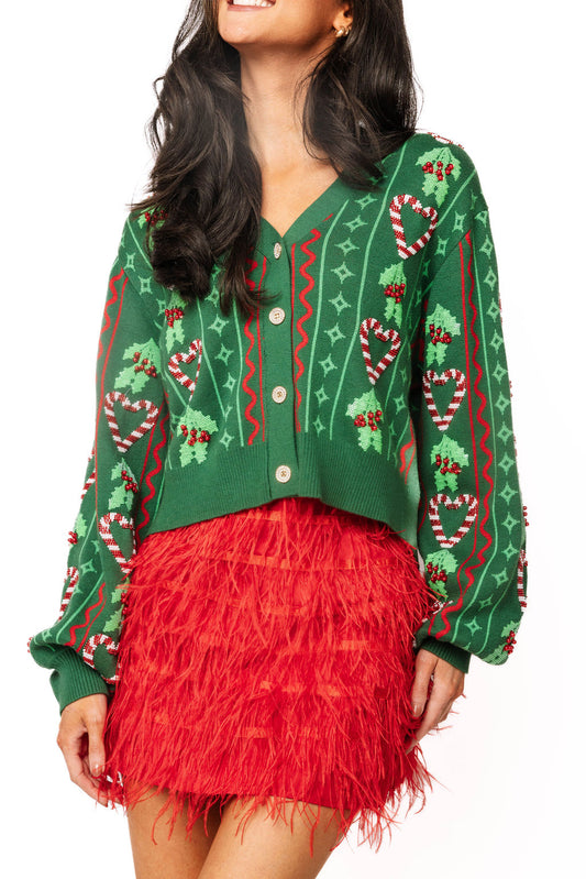 3D Holly & Peppermint Cardigan Green - Queen Of Sparkles