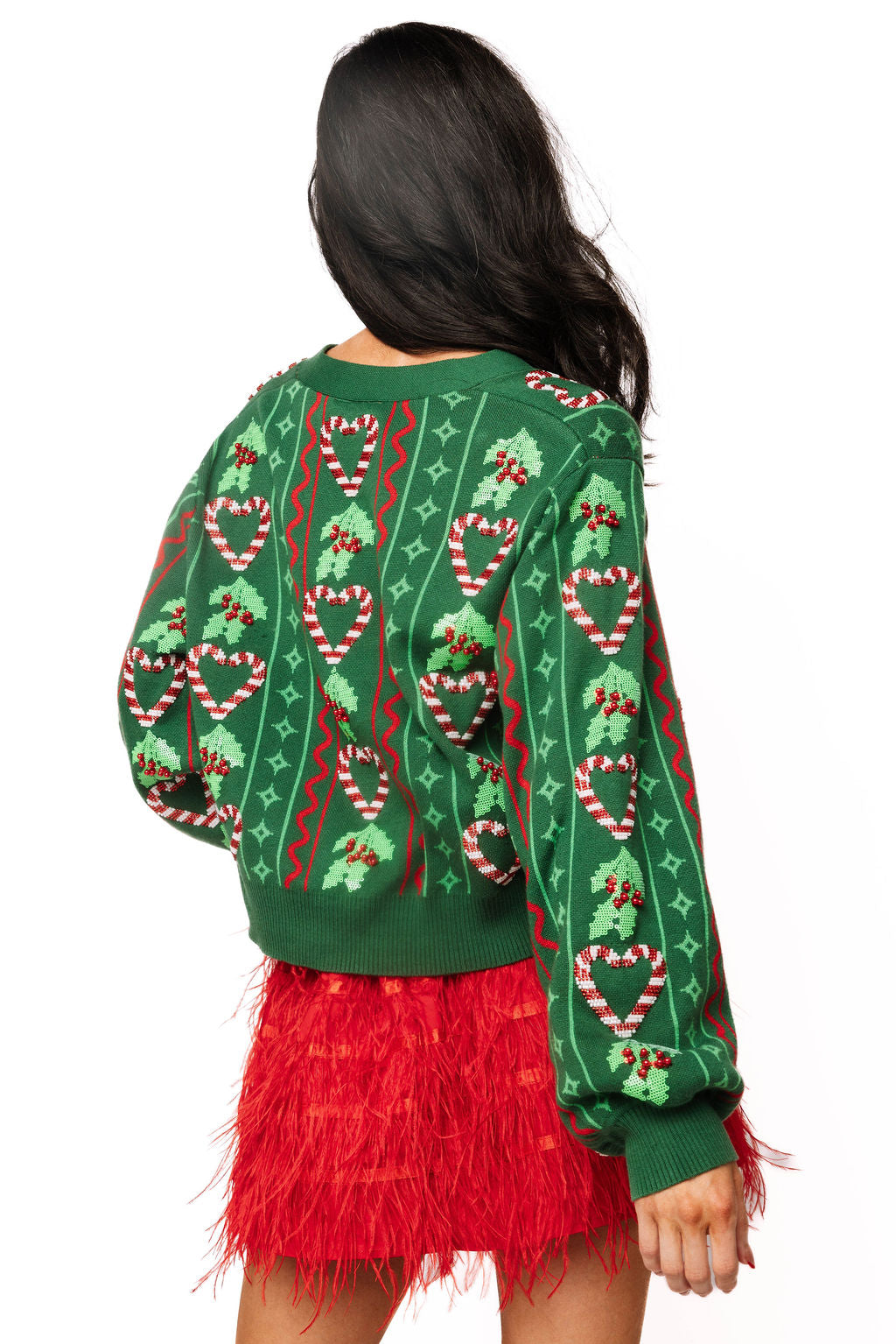 3D Holly & Peppermint Cardigan Green - Queen Of Sparkles