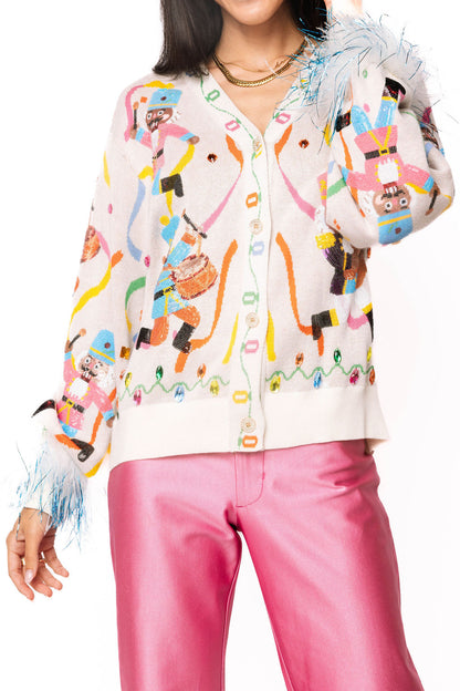 Drumming Nutcracker Feather Sleeve Cardigan Multi - Queen Of Sparkles