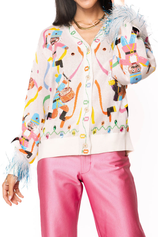 Drumming Nutcracker Feather Sleeve Cardigan Multi - Queen Of Sparkles