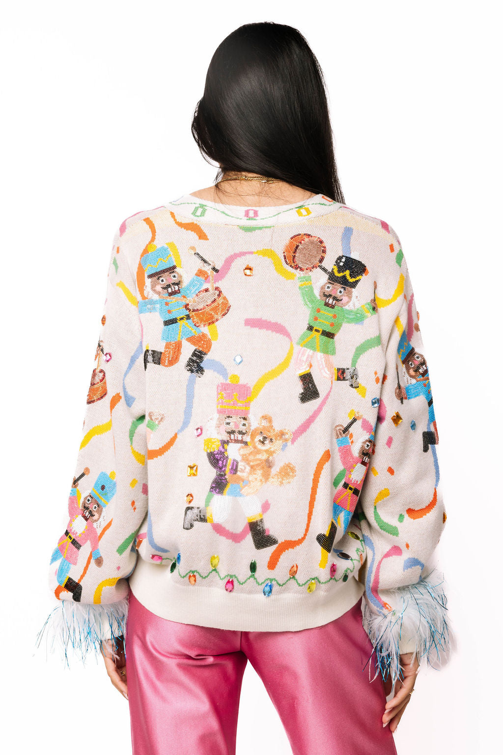 Drumming Nutcracker Feather Sleeve Cardigan Multi - Queen Of Sparkles