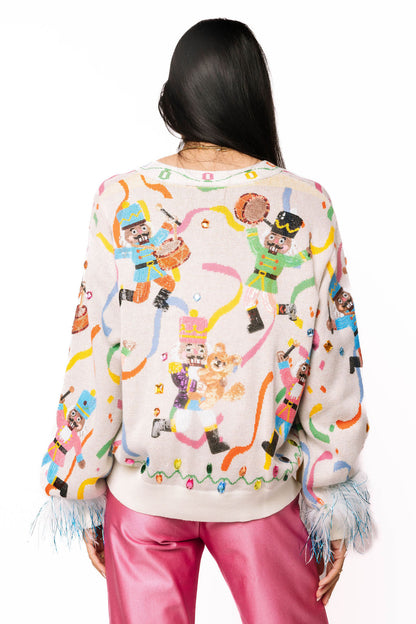 Drumming Nutcracker Feather Sleeve Cardigan Multi - Queen Of Sparkles