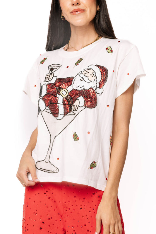 Santa Martini Glass Tee White - Queen Of Sparkles