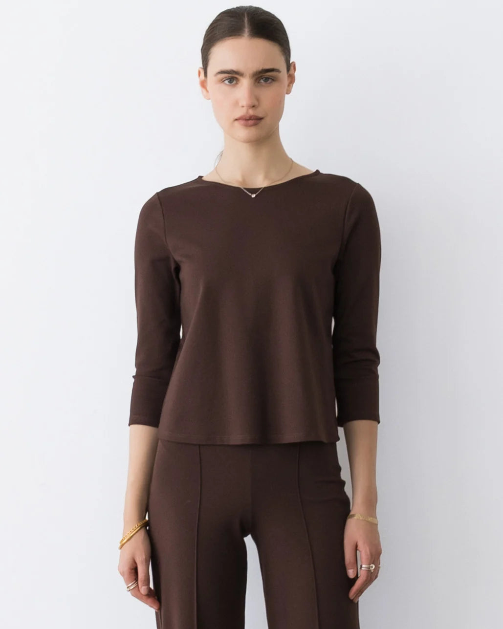 Ponte Knit 3/4 Sleeve Top Chocolate - Ripley Rader