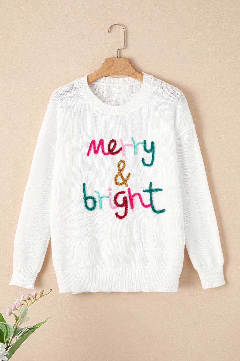 Merry & Bright Round Neck Casual Sweater White - Jackie Z Style Co.