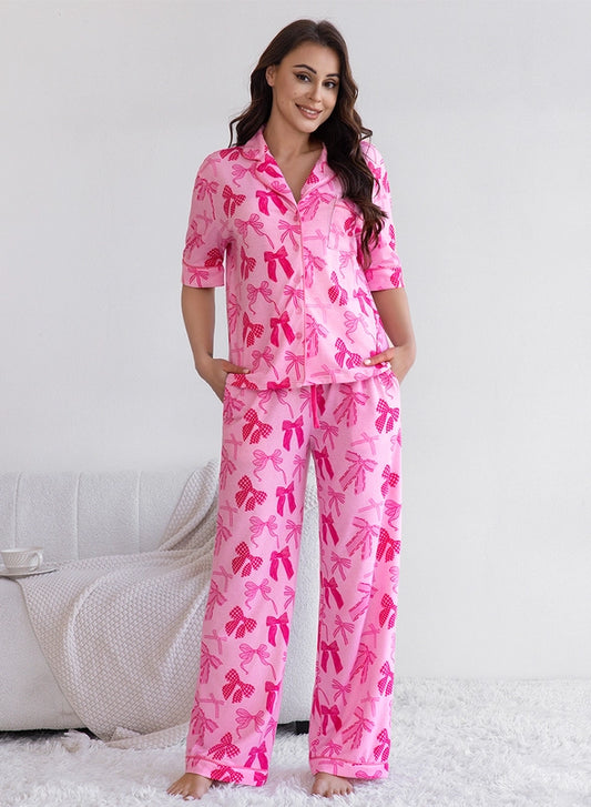 Bow Short Sleeve Top And Pants Pajama Set Pink - Jackie Z Style Co.