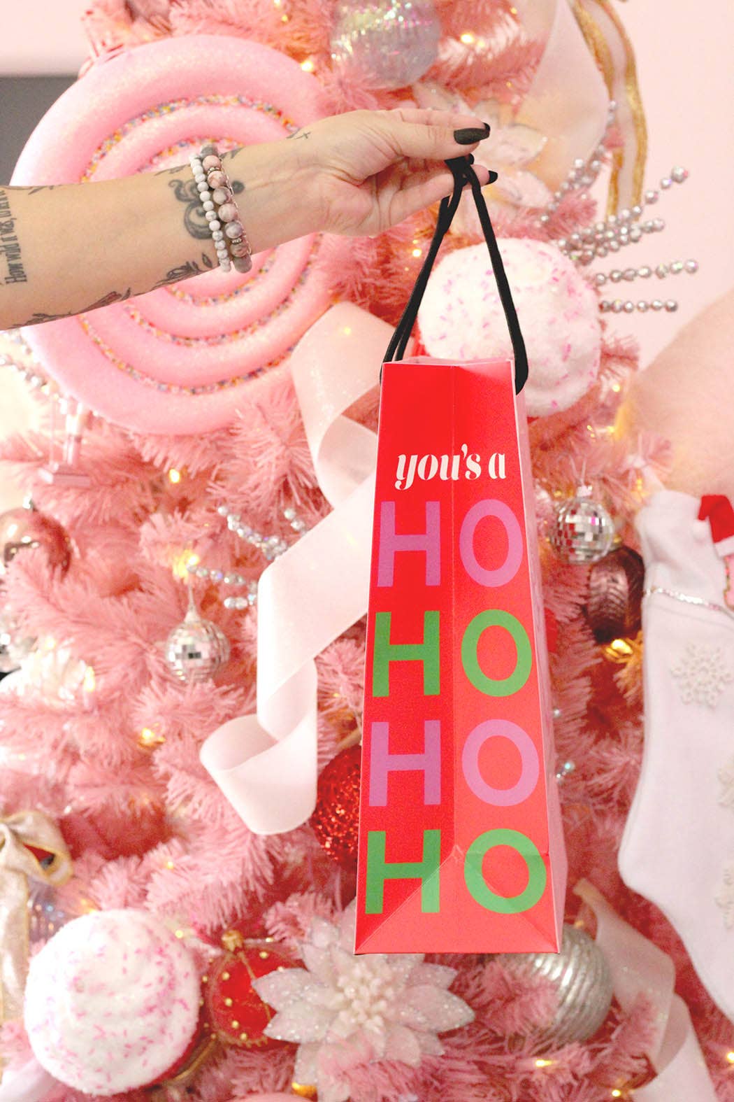 Funny Cute Santa Pink Christmas Holiday Gift Bag Stocking - Kitty Meow Boutique