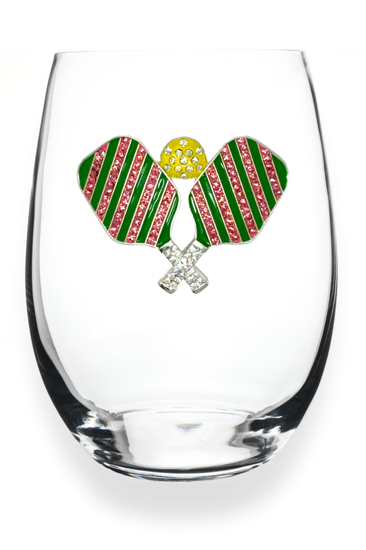 Pickleball With Paddles Stemless Wine Glass - The Queens Jewels
