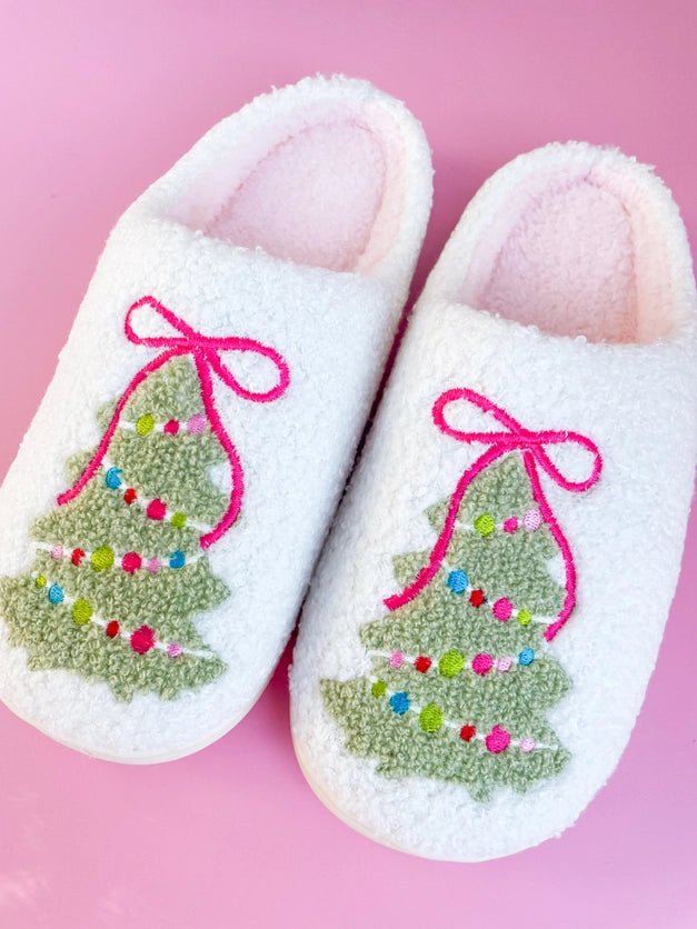 Pink Bow Christmas Tree Slippers - Rock Paper Scissors