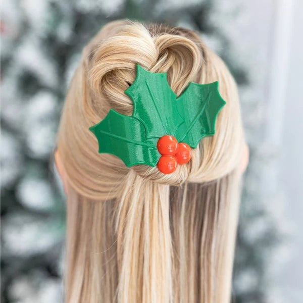 Flat Hair Clip Glitter Holly Leaves - TELETIES