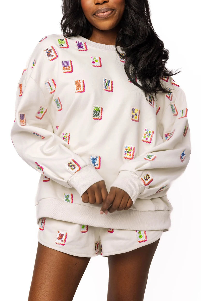 Mahjong Tiles Sweatshirt Beige Multi - Queen Of Sparkles