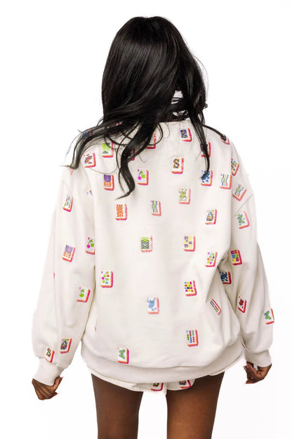 Mahjong Tiles Sweatshirt Beige Multi - Queen Of Sparkles