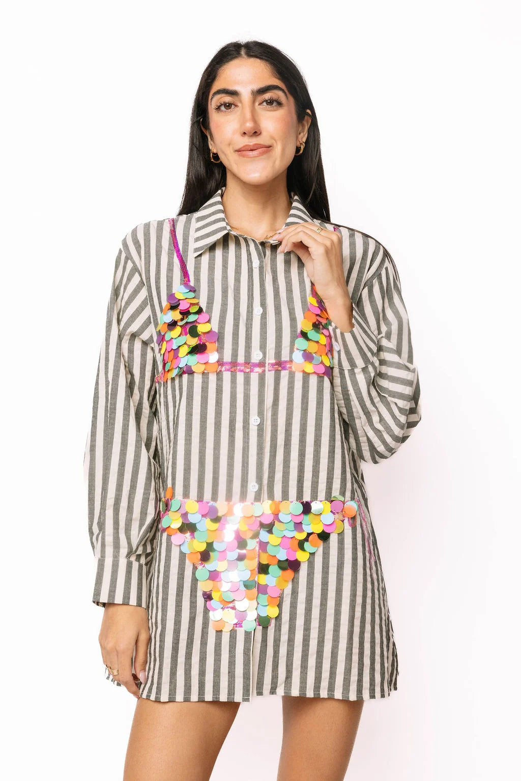 Multi Paillette Bikini Tunic Black Stripe - Queen Of Sparkles