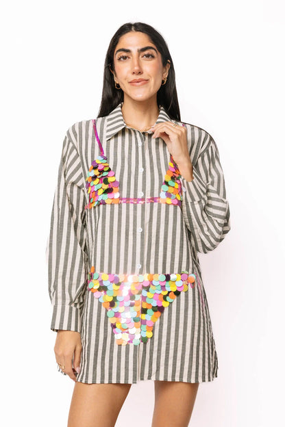 Multi Paillette Bikini Tunic Black Stripe - Queen Of Sparkles