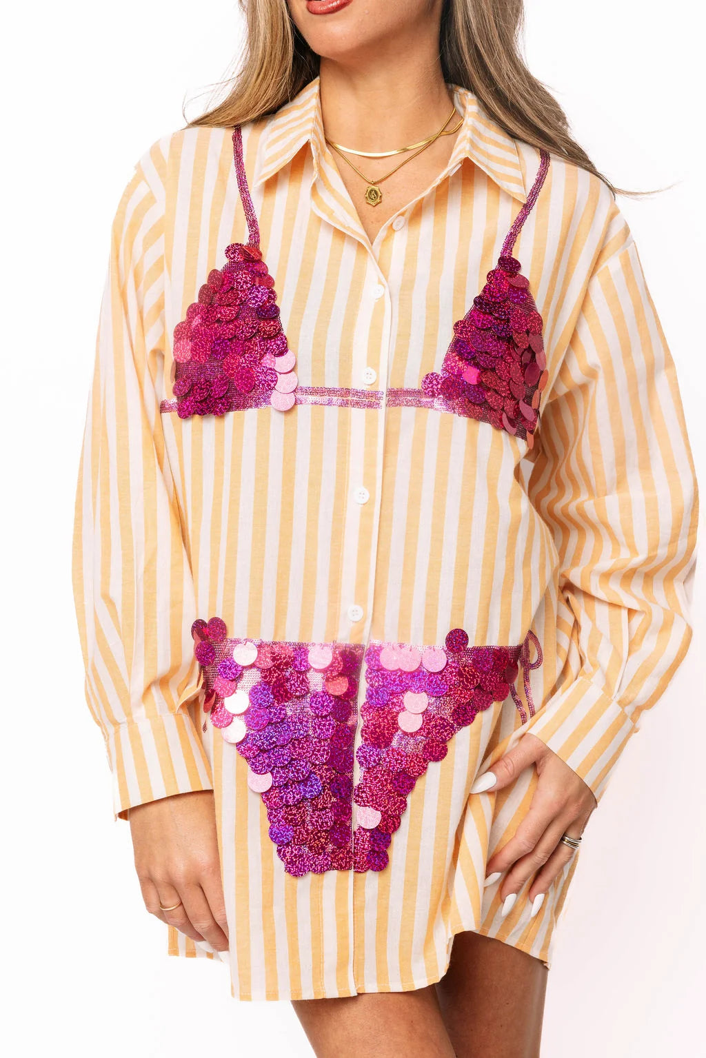 Pink Paillette Bikini Tunic Orange Stripe - Queen Of Sparkles