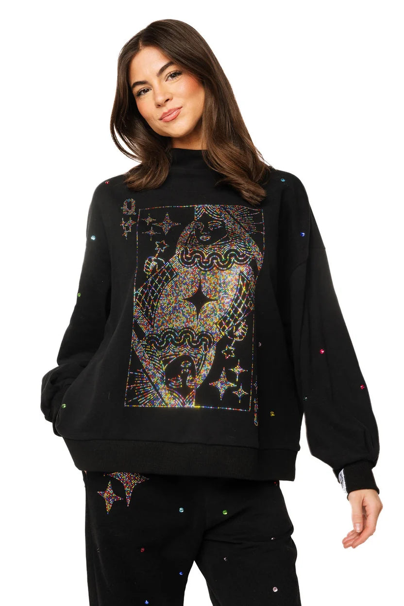 Rainbow Rhinestone QOS Card Logo Mock Neck Sweatshirt Black - Queen Of Sparkles